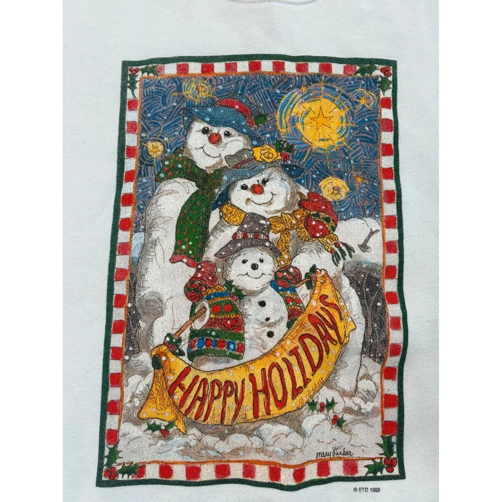 Vintage Jerzees Sweatshirt Unisex XL White 90s Happy Holidays Snowman Graphic
